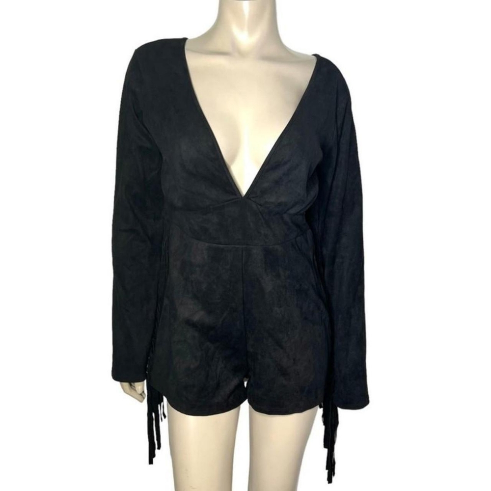 🆕Black Suede Low Cut Open Back Long Sleeve Fringe Thick Romper~Size 1 XL - Picture 3 of 8